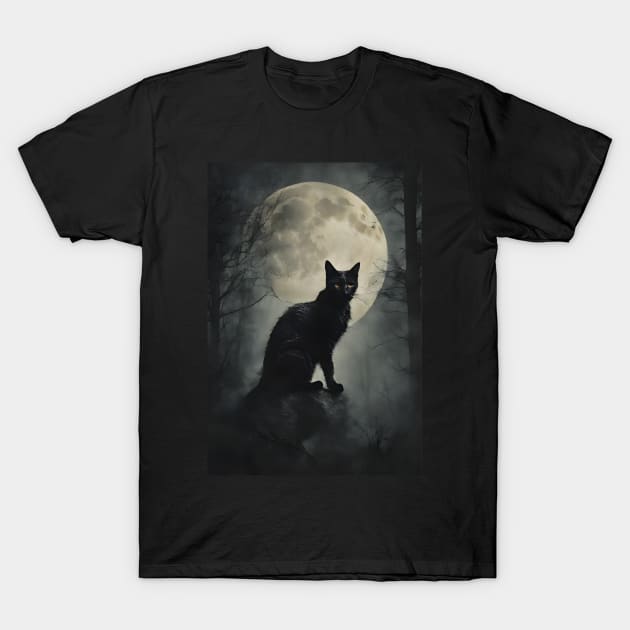 Black Cat in the Mysterious Forest Vintage T-Shirt by Art-Jiyuu